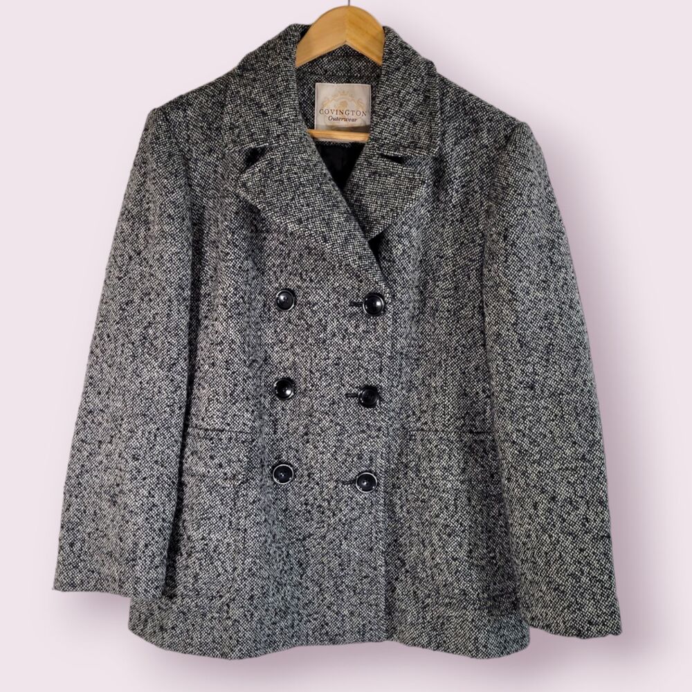 COVINGTON OUTWEAR Double Breasted Pea Coat Sz M Tweed Boucle White and Black